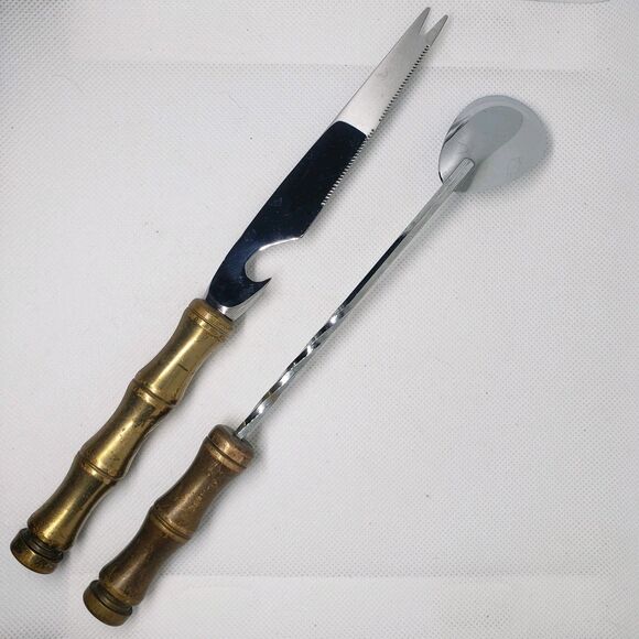 Vintage BAR / BARTENDERS Knife Bottle Opener Sheffield Spoon Brass Bamboo Handle - Picture 4 of 6